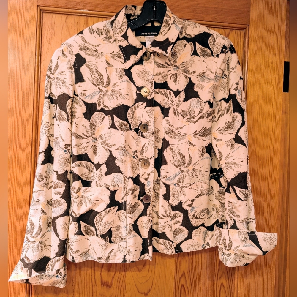 Jones NY Brown and Cream Floral Silk/linen Jacket w/Blue and Orange hints